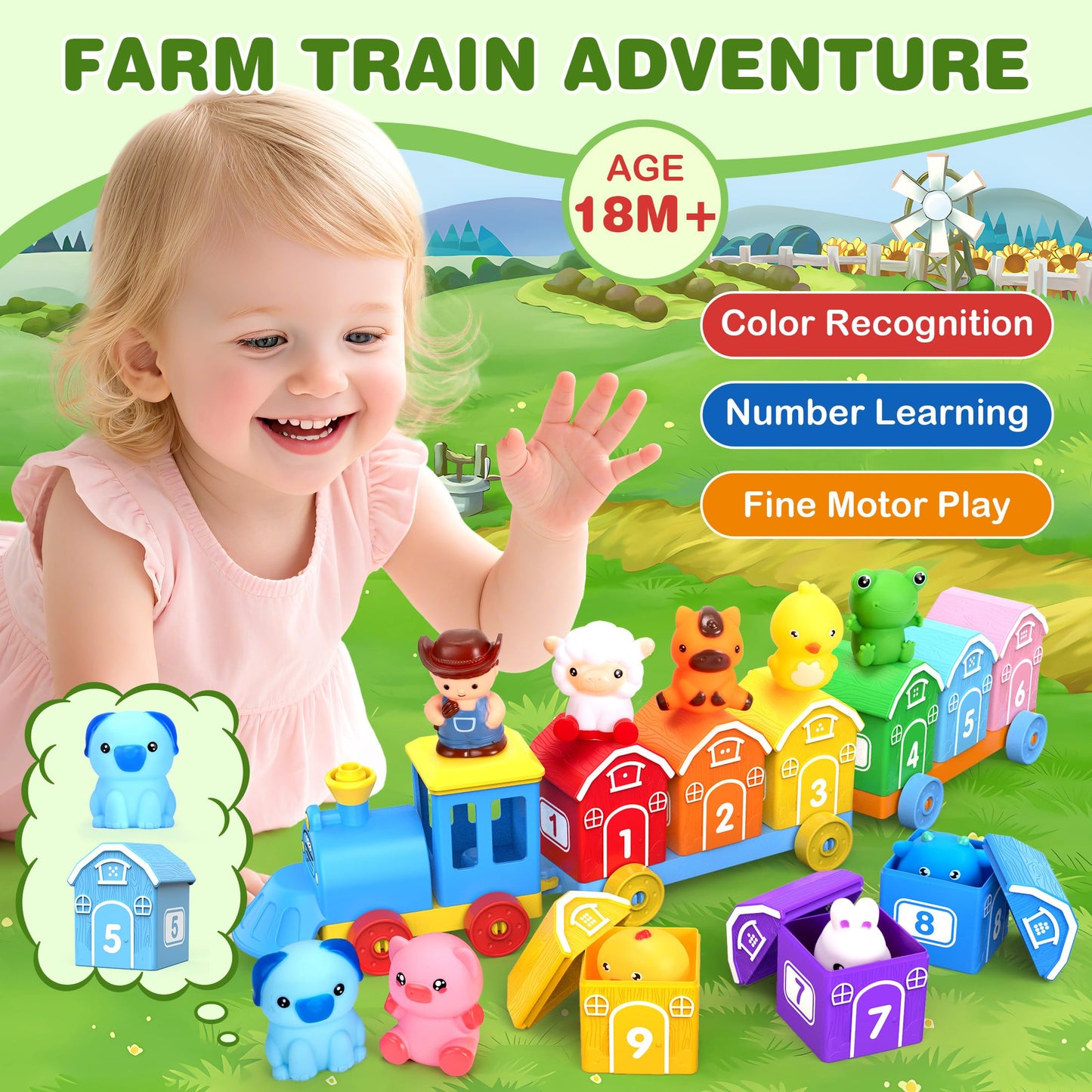 GooMags Montessori Toys for Toddlers, Farm Animal Train Set with Counting Matching Sorting Activities 9 Barns, 10 Finger Puppets, 2 Stickers-Learning Toys for Baby Boys Girls, Preschool Gift