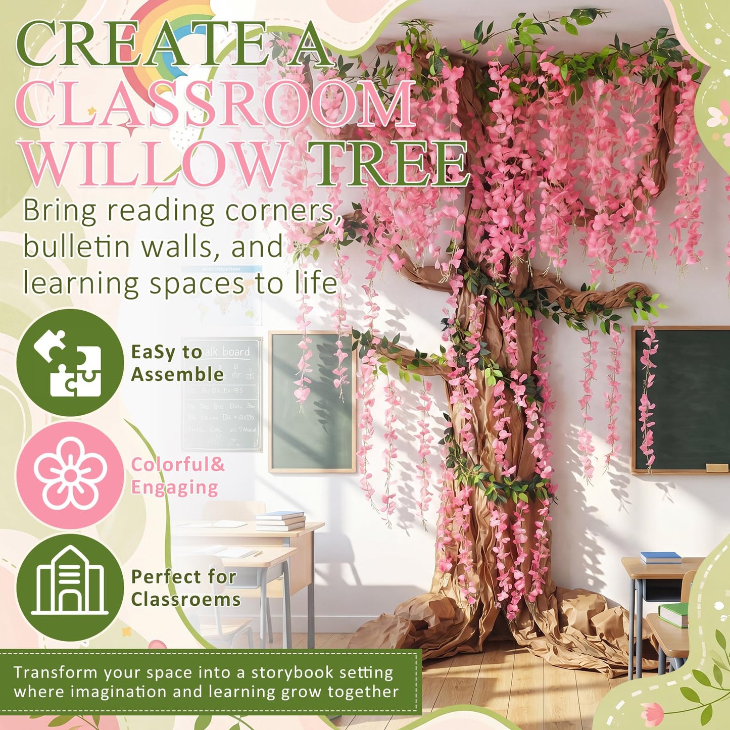 Suncalla Classroom Tree Bulletin Board Set DIY 3D Classroom Ceiling Wall Decor with Kraft Paper & Mounted Traceless Hooks for Jungle Safari Hawaiian Luau Party Supplies (Wisteria)