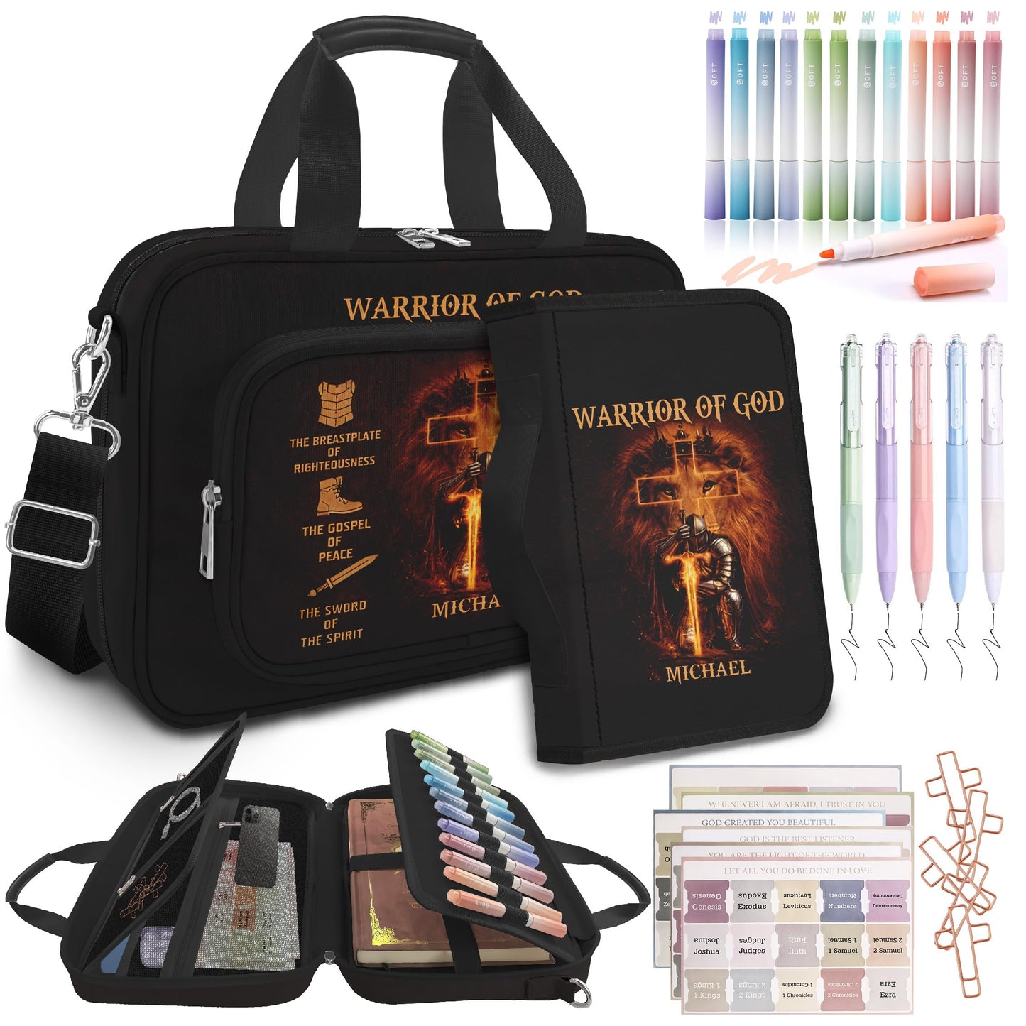 LAOTANGJIA God Bible Cover Case for Boys Men Kids,God Says I Am Bible Canvas Carrying Case Bag with Detachable Shoulder Strap, Pens and Highlighters Cross Clips for Bible Study & Church