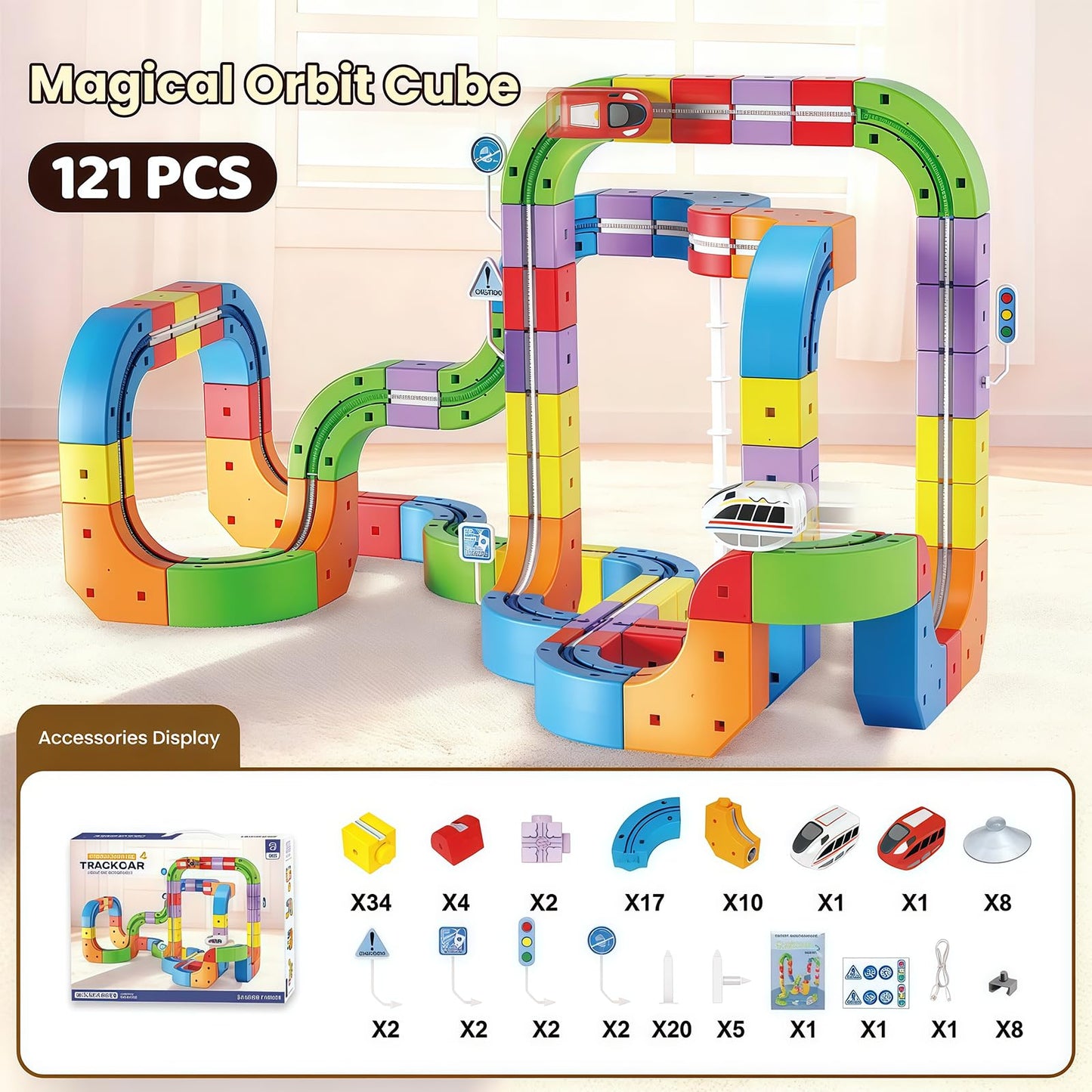 121PCS Magnetic Cube Track Train Set for Toddlers – 3D Vertical STEM Building Block Rail – Electric Magnetic Train Set Toy for Boys & Girls Ages 3-8