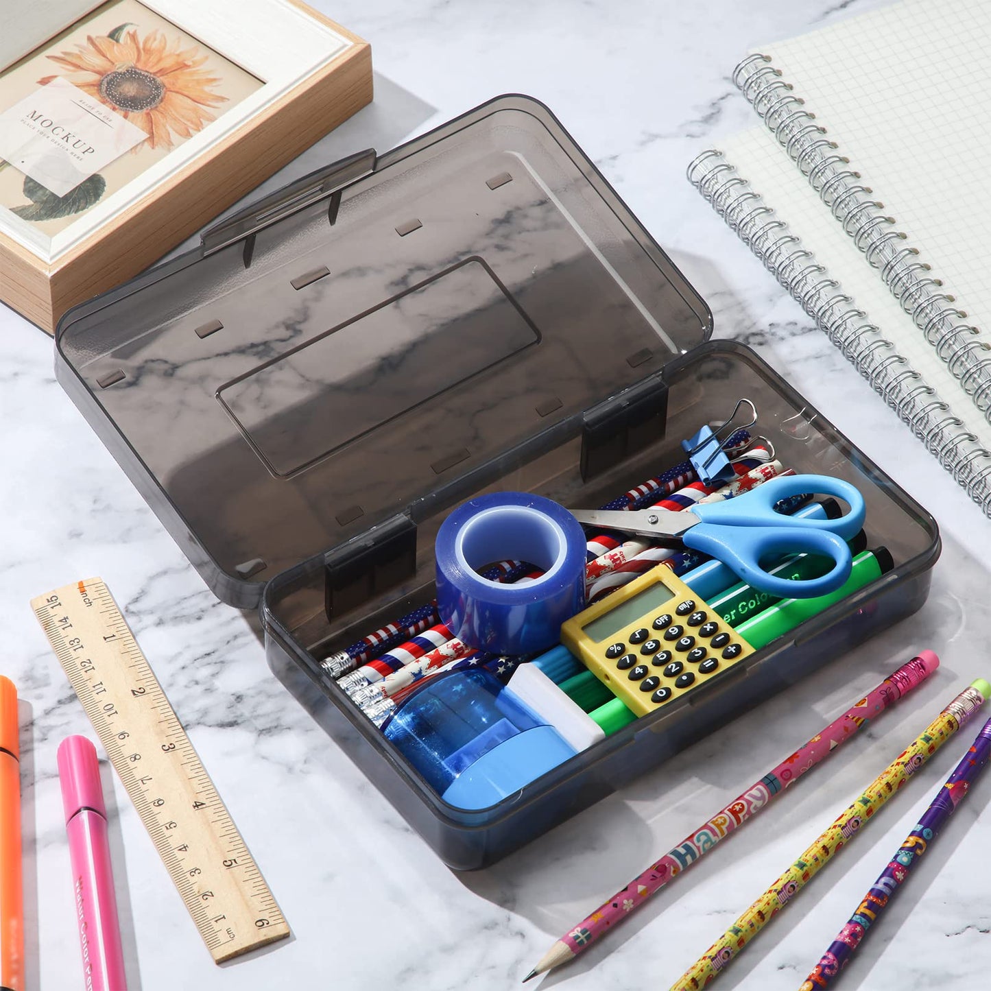 Fainne 24 Pack Pencil Boxes for School Clear Plastic Pencil Case Large Plastic Crayon Box Bulk Stackable Classroom Stationery Organizer School Supplies(Gray)