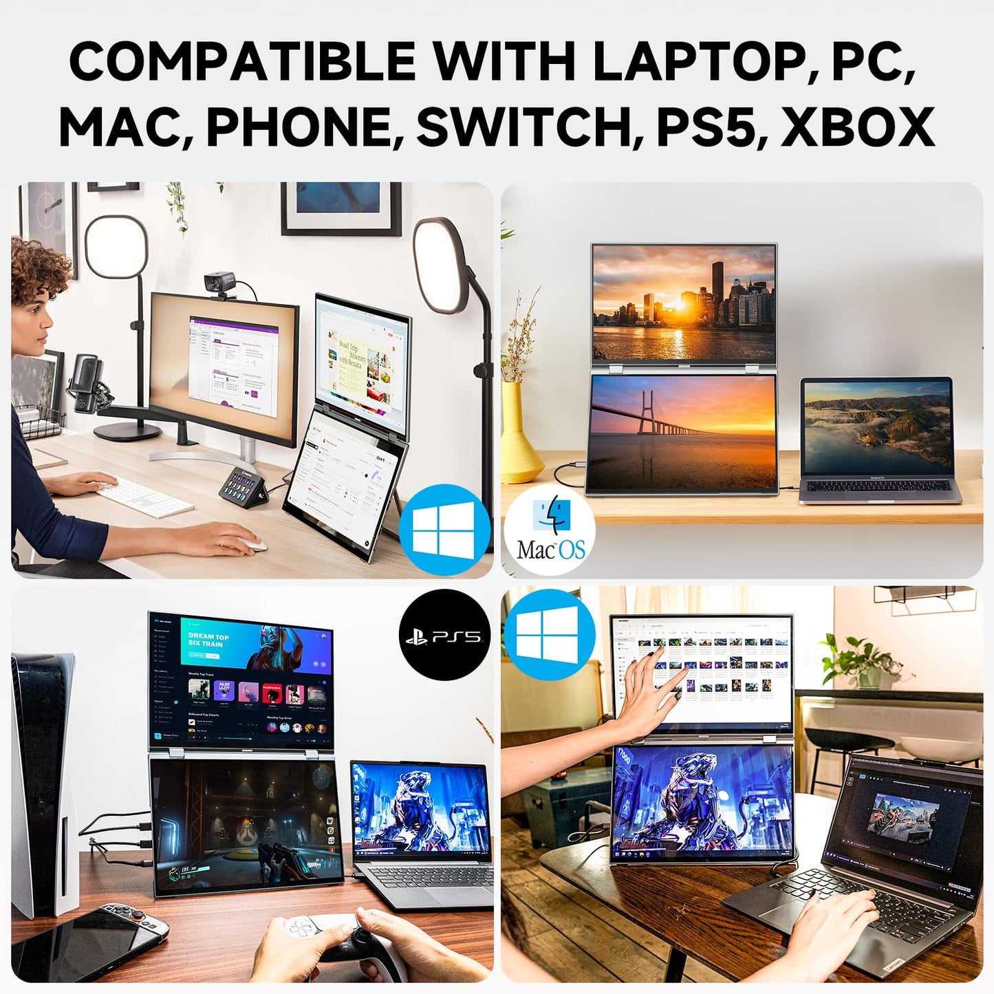 Biakknoe U16 Pro 16" Dual Portable Monitor Touchscreen, 1200P FHD Laptop Screen Extender with USB-A&C/HDMI, Foldable Travel Monitor for Laptop/Mac/PC/Windows, Single-Cable Dual Display, VESA Mountable