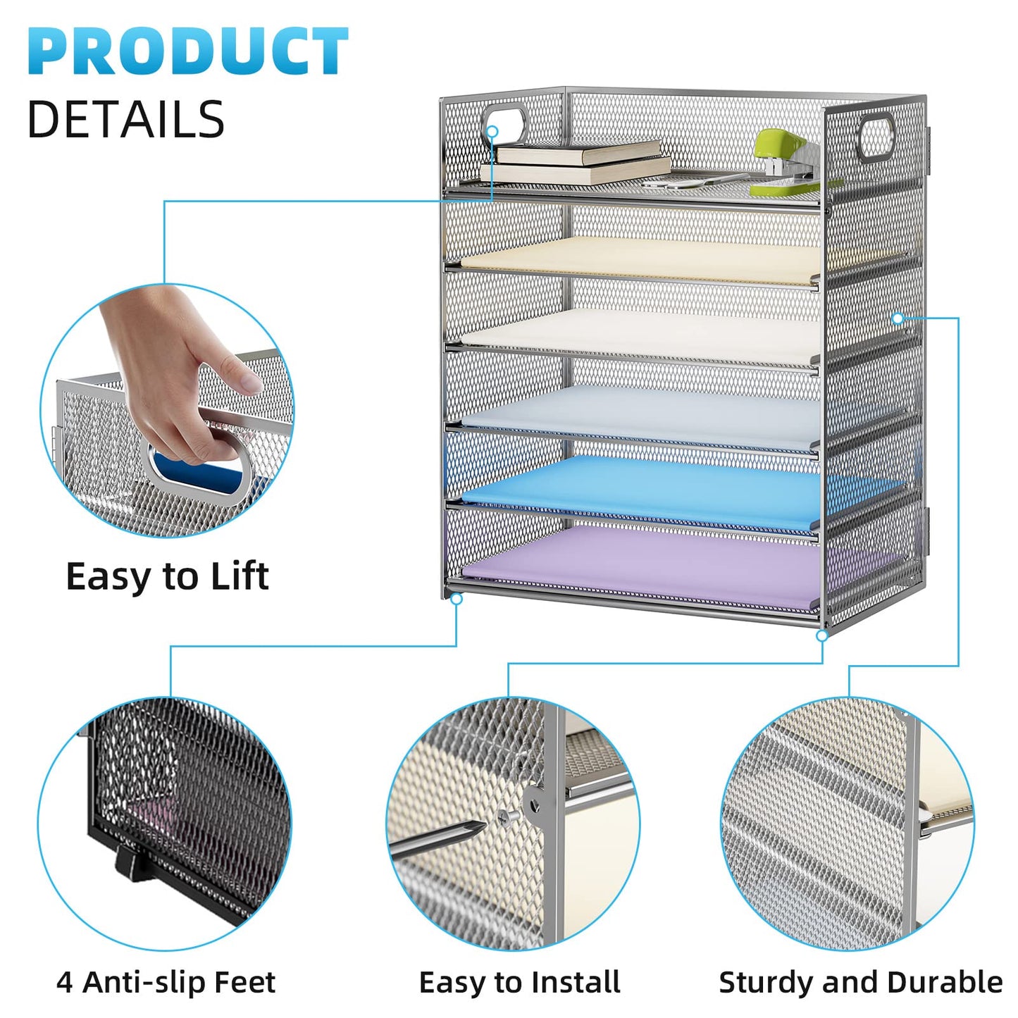 Marbrasse 2 Pack Desk Organizer with Handle, 6 Tier Paper Letter Tray, Mesh Desk File Organizer for Office, School and Home - Silver