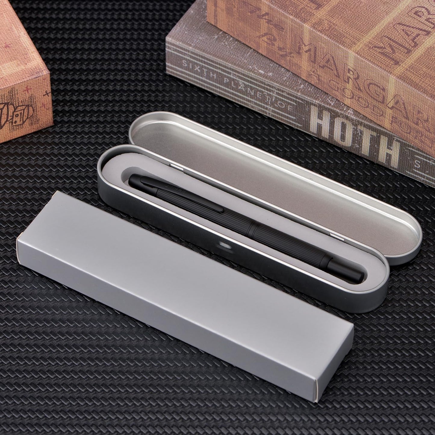 Jinhao 10 Press Fountain Pen with Box, Matt Black Chromium Retractable Extra Fine Nib with Ink Converter Set (Clip Version)