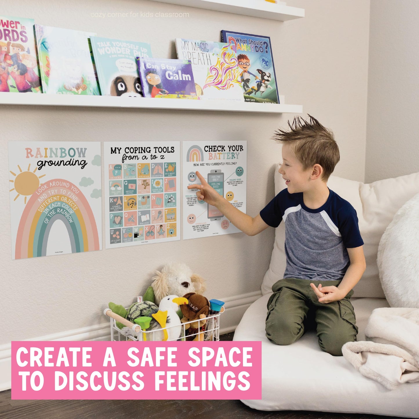 Hadley Designs 9 Calming Corner Posters for Classroom Must Haves - Calm Down Corner Supplies with Emotions Chart, School Counselor Mental Health Poster, Feelings Chart For Kids, Boho Classroom Decor