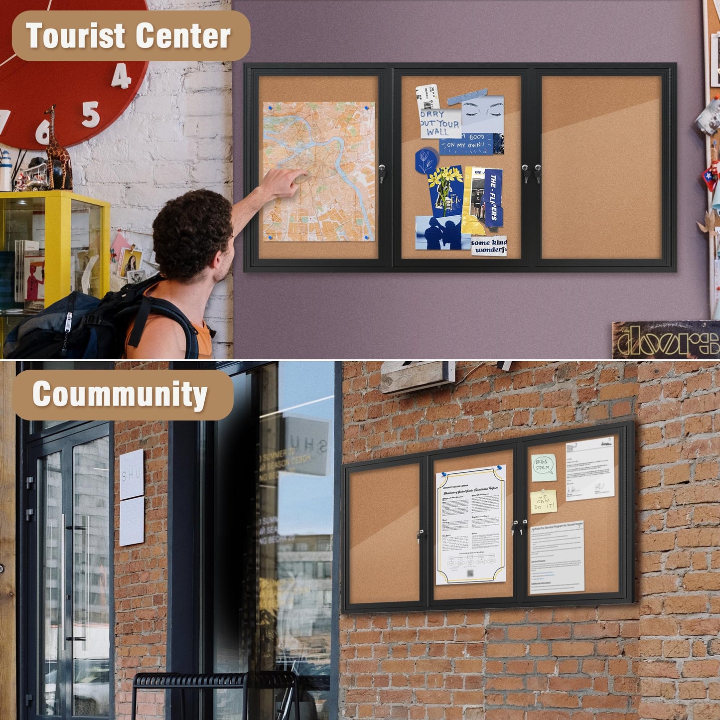 Mifuro 70"x34" Enclosed Bulletin Board, Outdoor Lockable Weather-Resistant Aluminum Cork Noticeboard for School & Office, Black Frame w/Cork