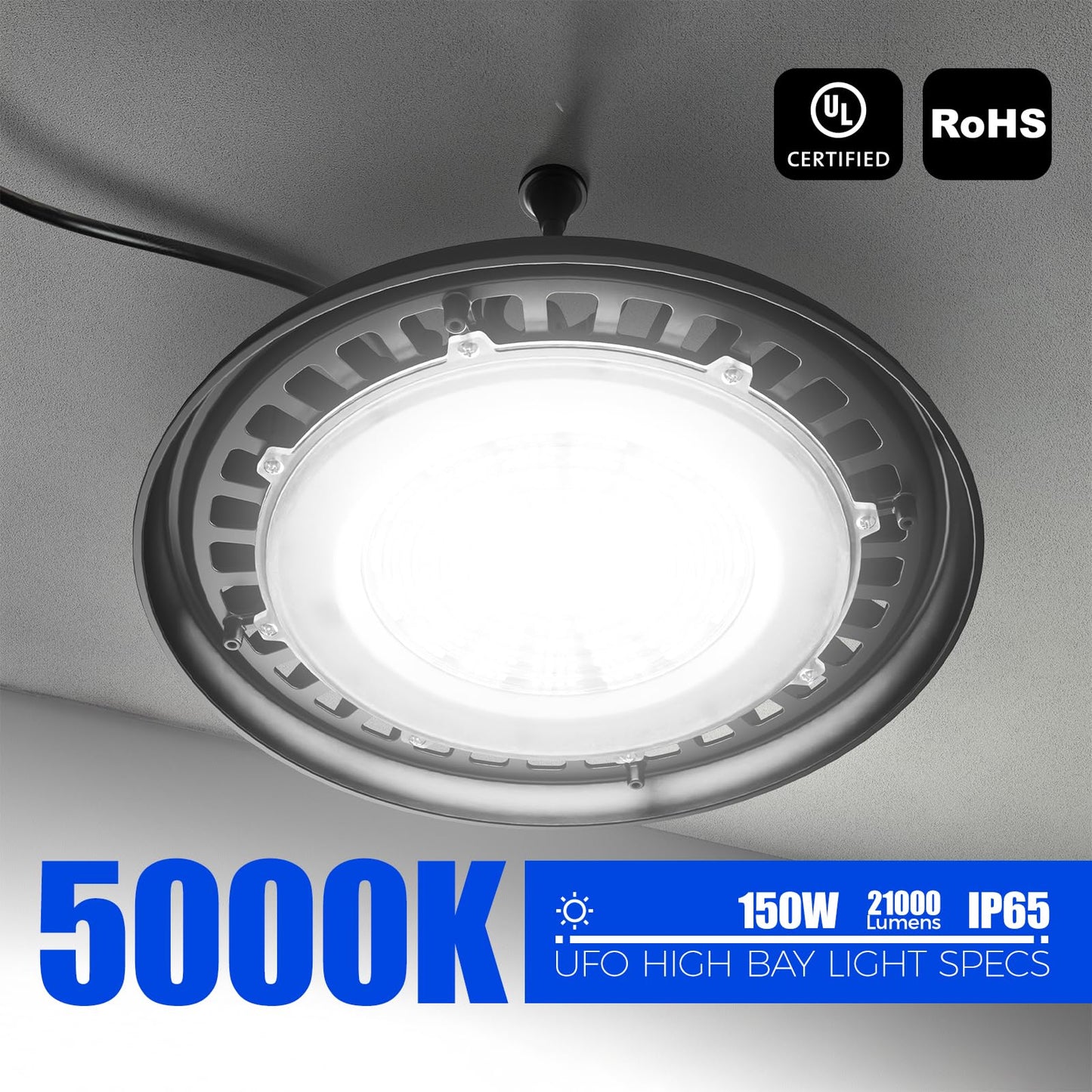 Barrina UFO LED High Bay Light 150W 21000LM IP65 Waterproof 5000K 10 Packs Daylight White Model BA-UFOD02-150W-6KV-50