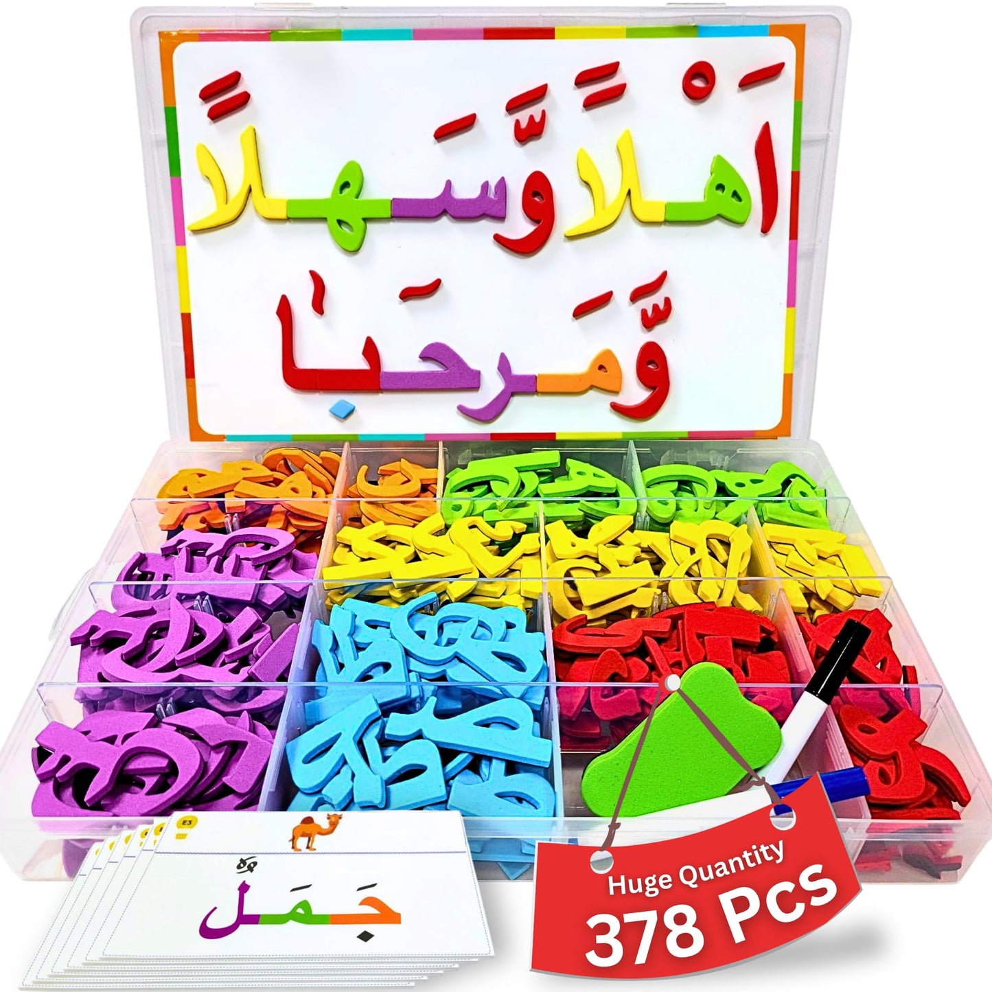 Arabic Magnetic Letters Kit – 378 Pcs Educational Alphabet Learning Set with Dry-Erase Board, Arabic Flash Cards, Markers & Eraser – Montessori Toy for Kids, Toddlers & Teachers