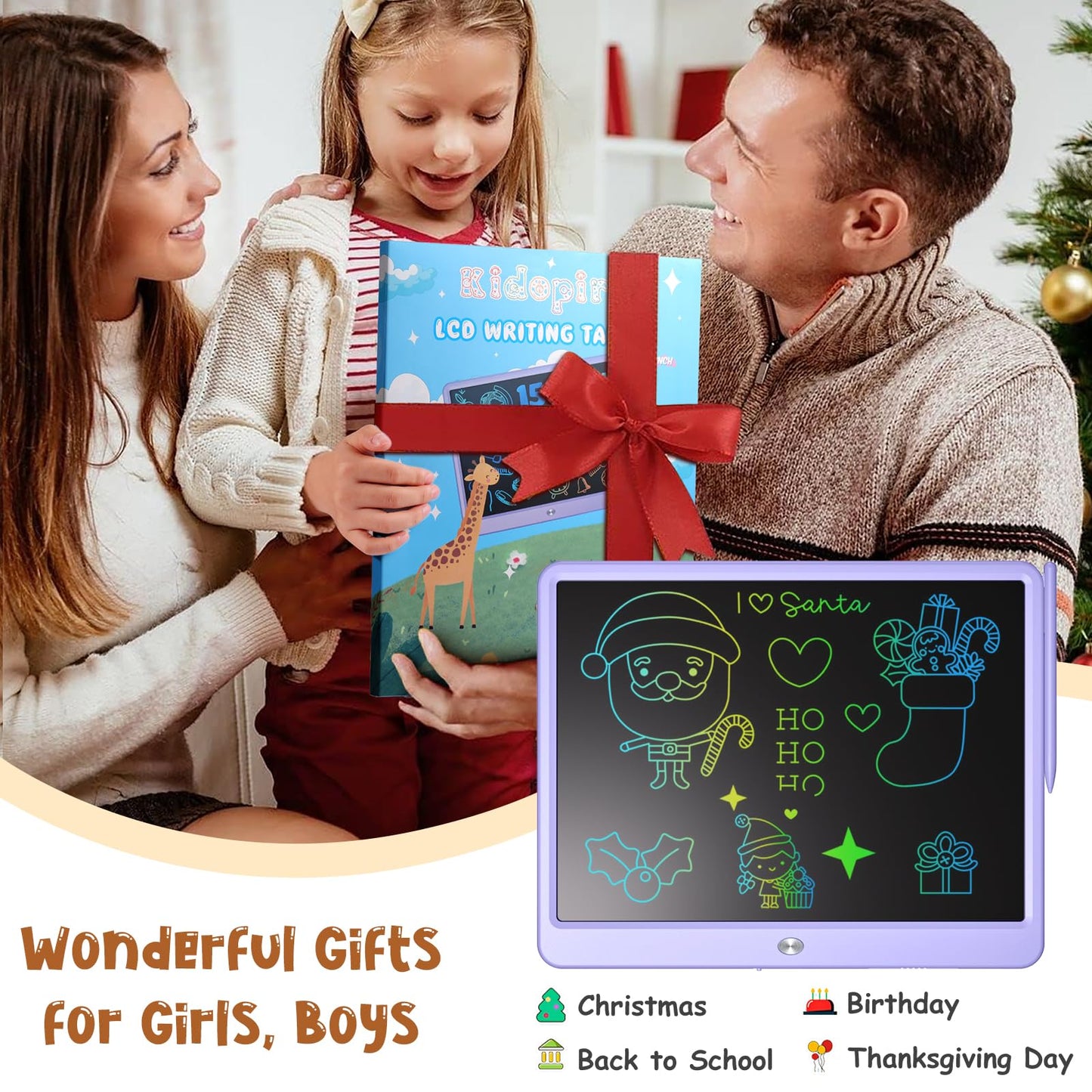 LCD Writing Tablet for Kids, Kidopire 15 Inch Large Screen Doodle Board, Colorful Drawing Writing Board Tablet Kids Age 3-12+ Birthday Erasable Drawing Pad Message Practice Note Learning Toys, Purple