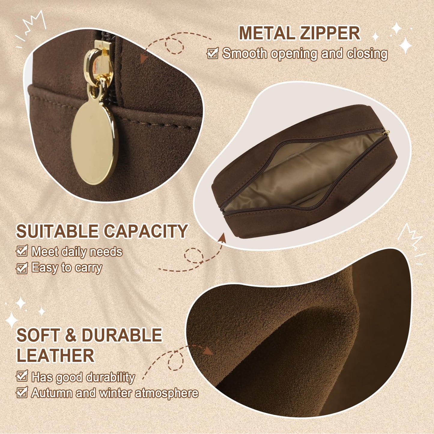 UIXIZQ Waterproof Small Makeup Bag for Purse,Cute Pouch Preppy Suede Makeup Brush Holder with Zipper,Girls Teens Portable Storage Case Small Travel Toiletry Bag for Office(Slim-Coffee)