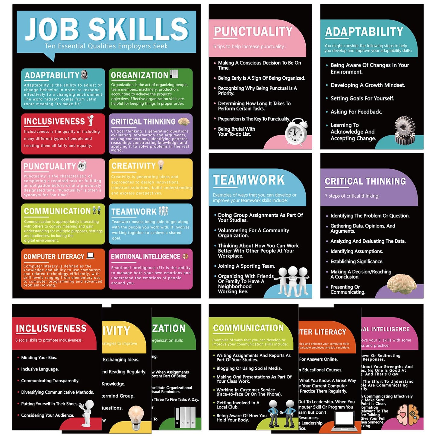 Fullhawl 11 Pcs Job Skills Posters Educational Bulletin Board Set for College School Classroom Decorations Essential Qualities Employers Seek Posters for Library Reading Corner Wall Supplies (Black)