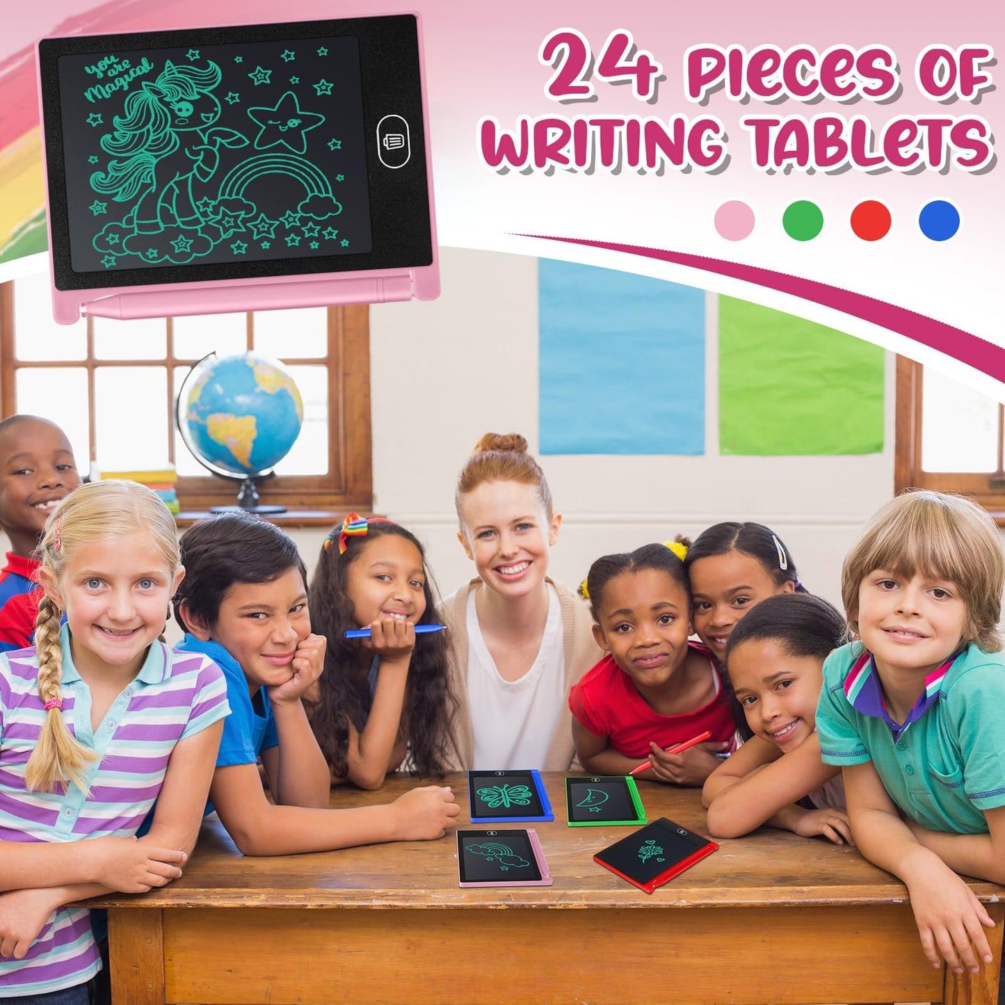 Zhehao 24 Pack LCD Mini Writing Tablet for Kids 4.5 Inch Doodle Board Bulk Erasable Reusable Electronic Drawing Pad Birthday Party Favors Goodie Bag Classroom Gifts(Blue,Pink,Green,Red)