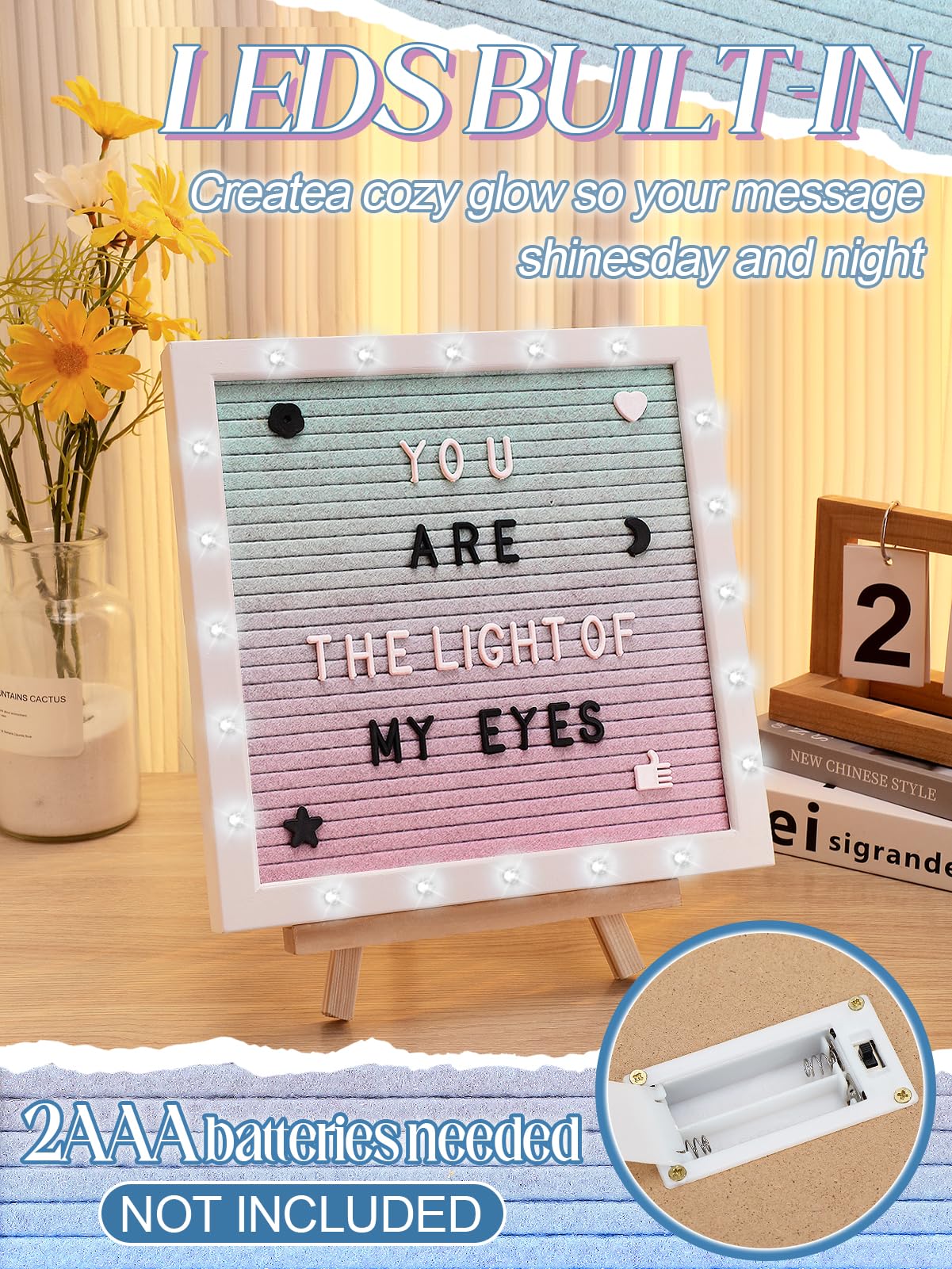 Changeable Felt Letter Board with LED Lights - 10×10" Message Custom Signs & Wood Stand & 450 Letters, Poster Board for Baby/Pregnancy Announcement/Classroom Decor Gifts First Day of School, Gradient