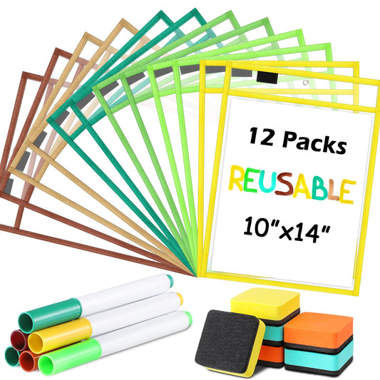 Watersay 24 Pcs Dry Erase Pocket Reusable Sleeves 10" x 14" Clear Plastic Sheet Protectors with Markers and Mini Dry Erasers for Paper(Assorted Color)