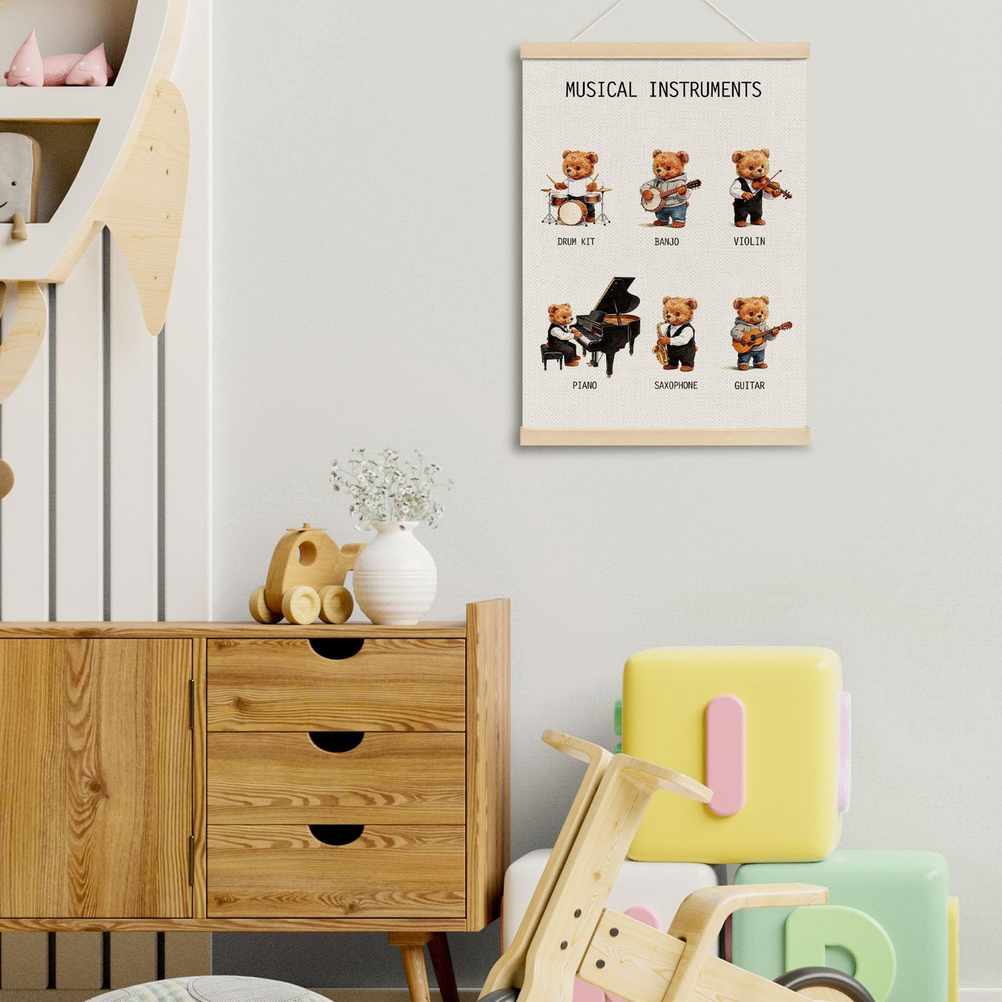MOTERMATE Musical Bear Nursery Classroom Poster Hanger Frame, Musical Instruments Educational Wall Hanging Decor Art Framed for Kids Nursery Room, Music Educational Wall Poster Prints, 12x16 Inch