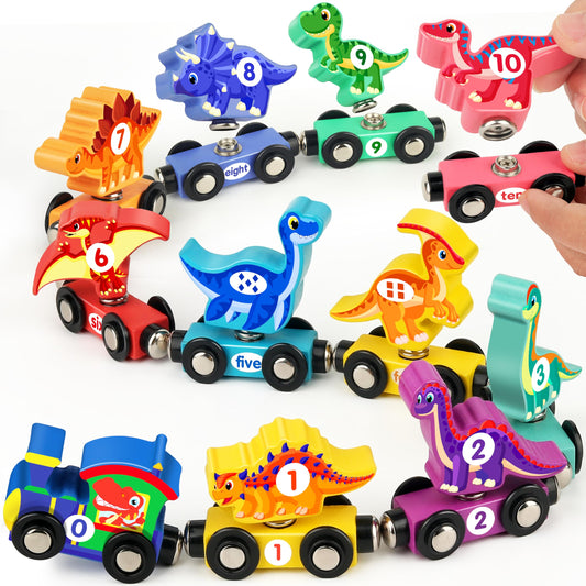 Vanmor Wooden Dinosaur Train Set for Toddlers - Magnetic Dinosaur Toys and Number Train, Montessori and Educational Toys Preschool Learning Activities for Kids, Birthday Gifts for Boys, Girls