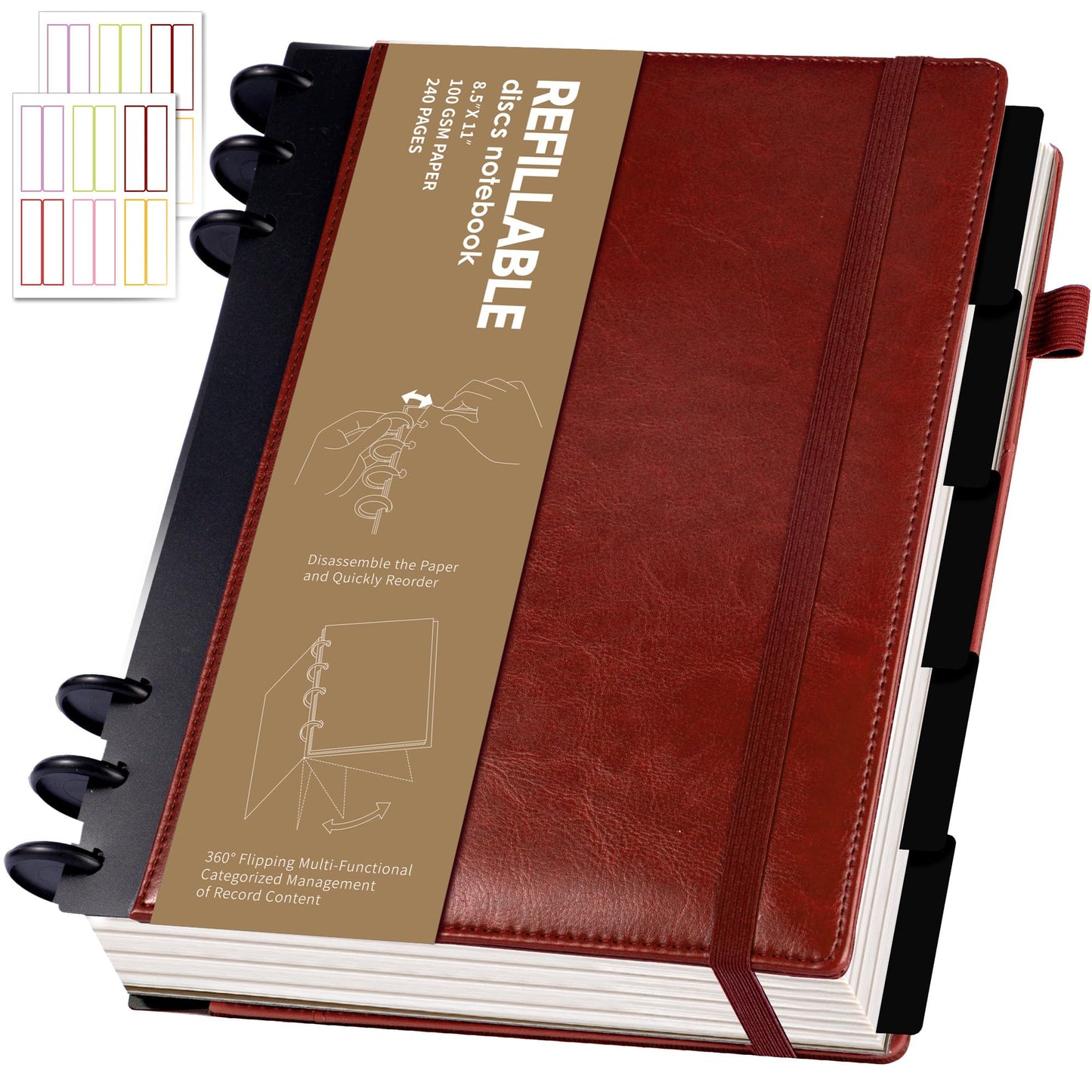 Yoment Refillable Notebooks for Work Discbound: Hardcover Notebook with 5 Subject Removable Dividers Tabs Colleged Ruled Large Journal for Writing Women Men 240 Pages,Dark Red
