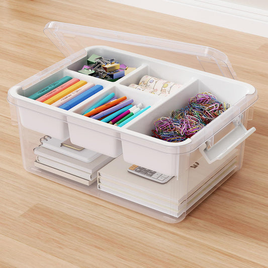 HOMETUK 20Qt Stackable Storage Bin with Lid & Tray, Clear Plastic Latching Box Organizer with Divider Portable 5Gal Container for Arts & Crafts, Home and Car Trunk Organization, 1Pack