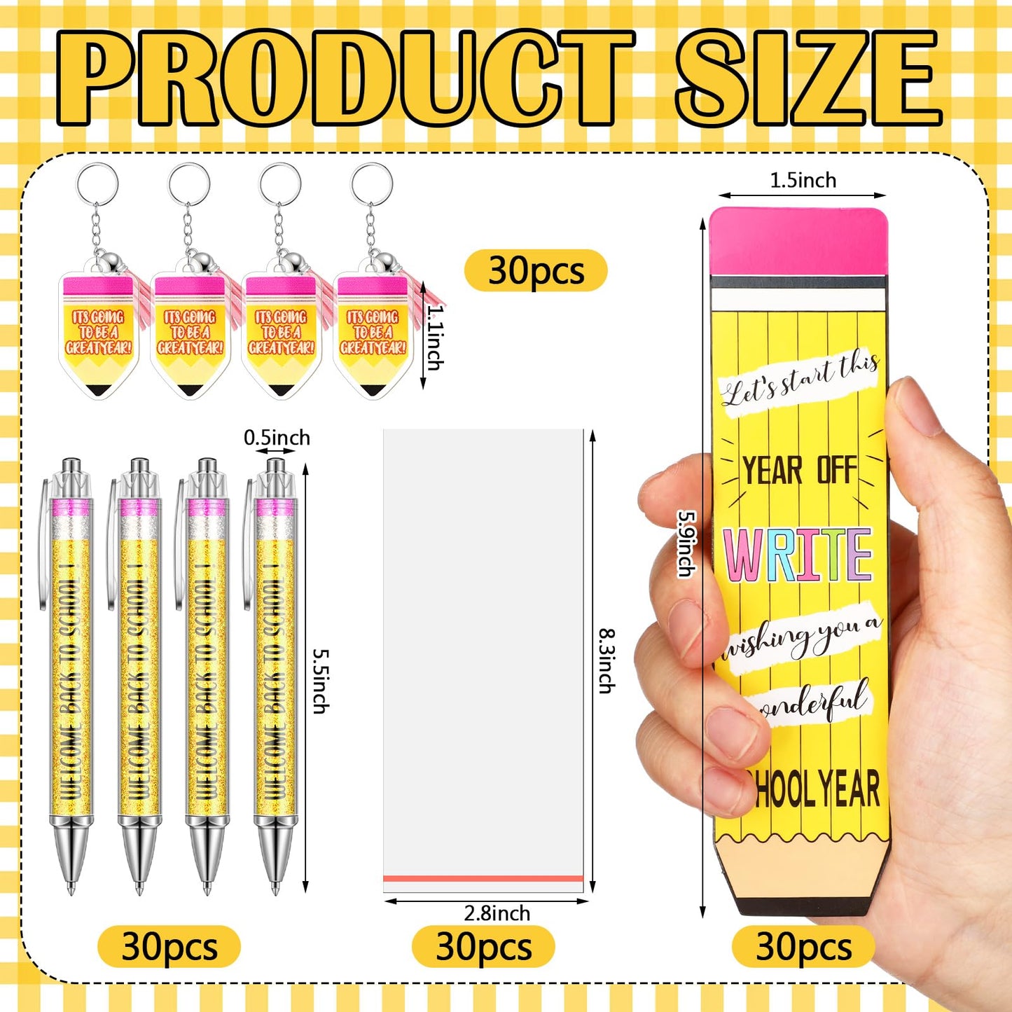 Tenceur 30 Set Bulk Back to School Gifts for Students Pencil Themed Ballpoint Pens Keychains and Cards Set First Day of School Gifts Supplies for Teacher Classroom Rewards Party Favors