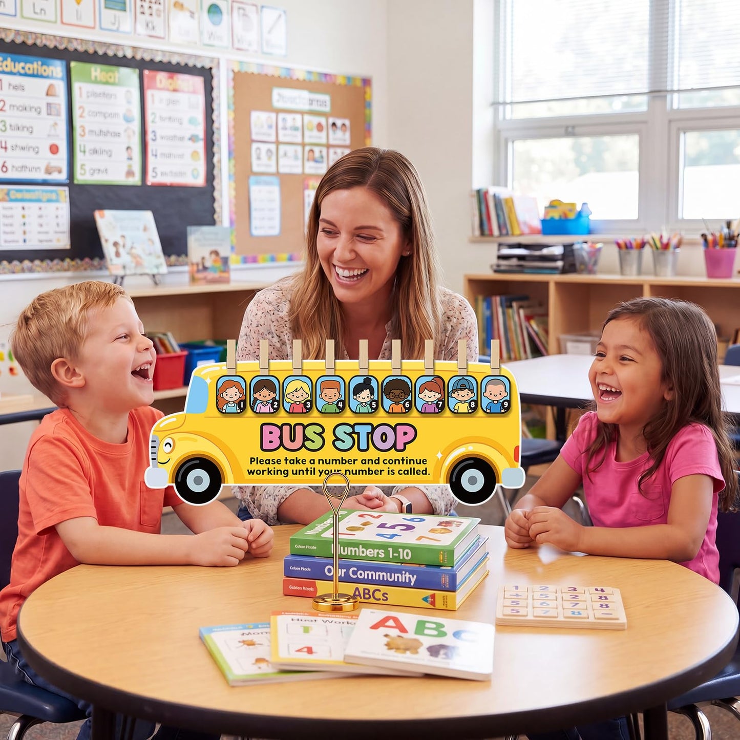 Tinlade School Bus Classroom Management Tools Teacher Waiting Room Sign Girl Style Waiting Room Numbers Classroom Set with Wooden Clips for Back to School Elementary Teacher Supplies