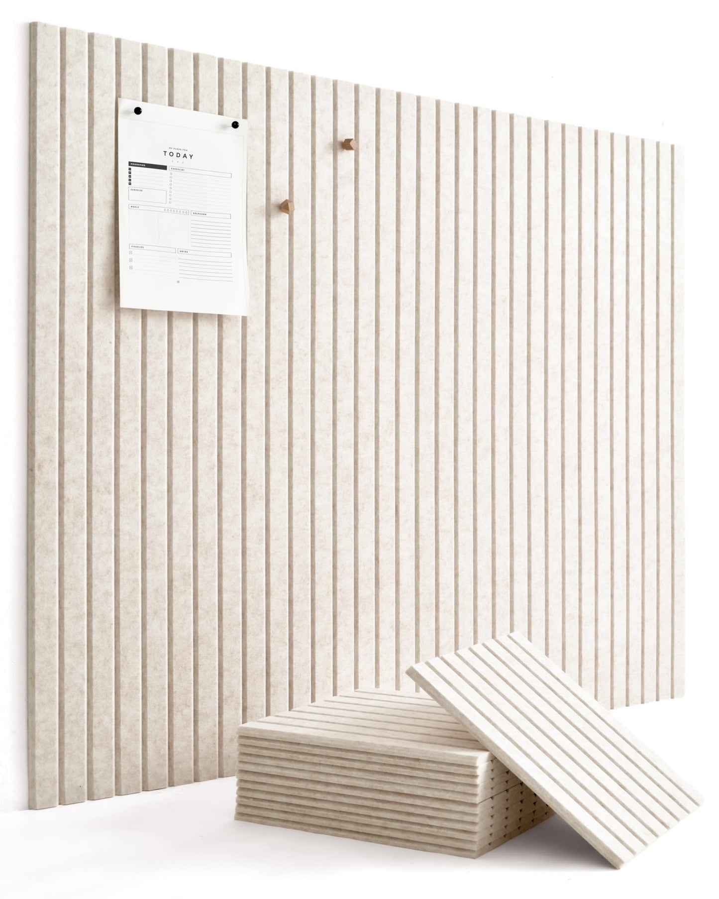 VIVELDA Felt Bulletin Board Tiles 48"x36" - 12-Pack Cork Board Alternative, OEKO-TEX Certified, NRC 0.95 Acoustic Wall Panels, Damage-Free Adhesive, Slatted Design, Home Office & Classroom (Limestone)