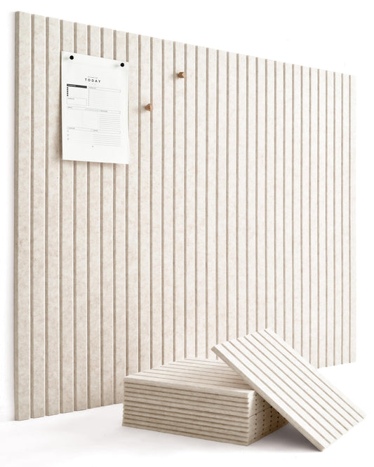 VIVELDA Felt Bulletin Board Tiles 48"x36" - 12-Pack Cork Board Alternative, OEKO-TEX Certified, NRC 0.95 Acoustic Wall Panels, Damage-Free Adhesive, Slatted Design, Home Office & Classroom (Limestone)
