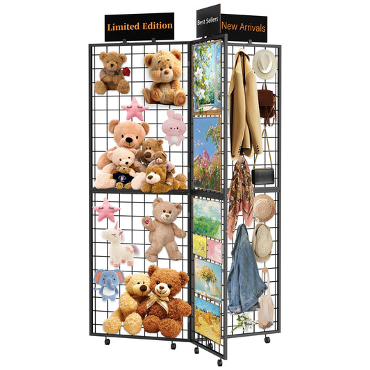 DEMEGA 360° Foldable Grid Wall Panel, Three 6' x 4.25' Ft Double Side Gridwall Display Stand with Notice board, Heavy Duty Sturdy Floorstanding Wire Grid Rack, Movable Wheel for Retail Art Craft Fairs