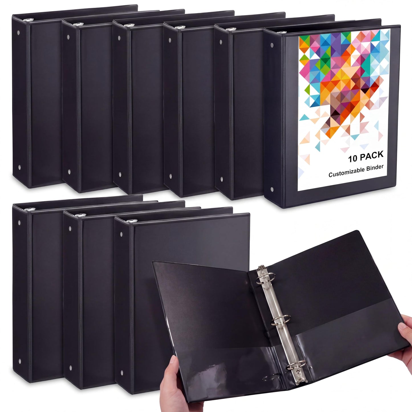 TaoBary 10 Pack 3 Inch 3 Ring Binders Bulk, Black Heavy Duty View Binders with Clear Pocket Round Ring, Presentation Folder Holds 600 Sheets for Home Office School Teacher Documents Supplies