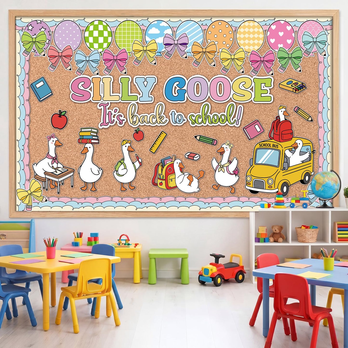 Gersoniel 70 Pcs Silly Goose It's Back to School Bulletin Board Set Goose Bow Book Pencil Banner DIY Paper Cutout for First Day of School Birthday Party Classroom Chalkboard Wall Decorations