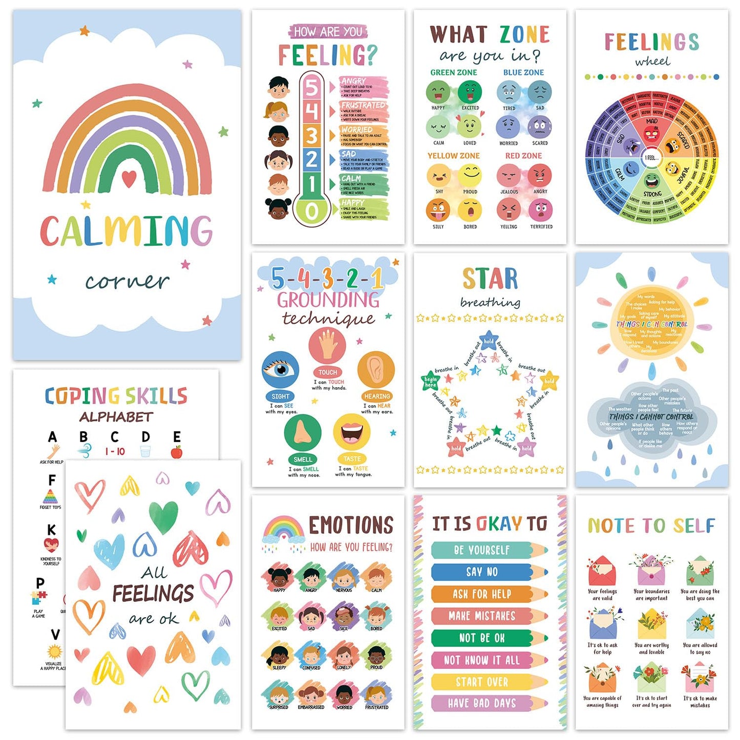 SEOIFUNG 12PCS Calming Corner Classroom Posters (11x17"), Emotions Chart Feelings Wheel Calm Down Corner Supplies, Mental Health Therapy Office Wall Decor for Preschool Kids Teacher