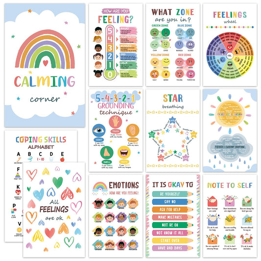 SEOIFUNG 12PCS Calming Corner Classroom Posters (11x17"), Emotions Chart Feelings Wheel Calm Down Corner Supplies, Mental Health Therapy Office Wall Decor for Preschool Kids Teacher