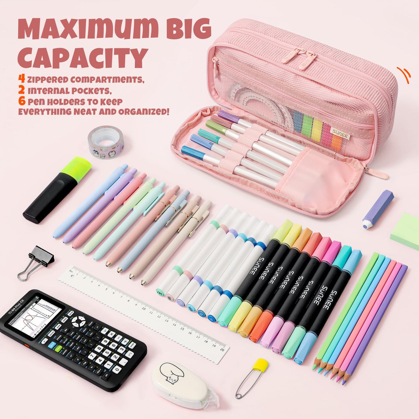 SUNEE Pencil Case, Large Capacity Pencil Pouch, Aesthetic Big Pen Bag, Soft Corduroy Pen Box for Office Stationery Organizer School Supplies Multifunctional for Teen Boys Girls Women Men, Soft Pink