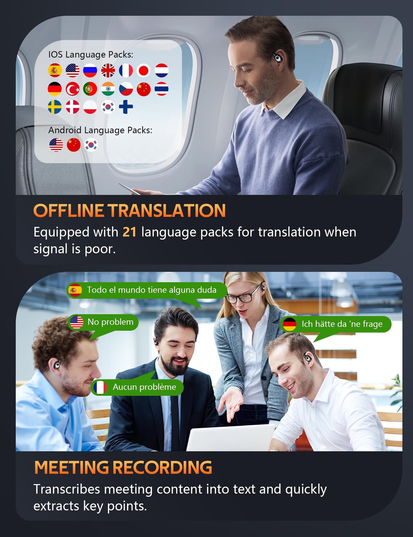 MUSICROSS Ai Translation Earbuds Real Time 144 Language Translator Earbuds Audifonos Traductores Inglés Español 4 in 1 Translator Device with 9 Working Modes for Travel Business Learning Black