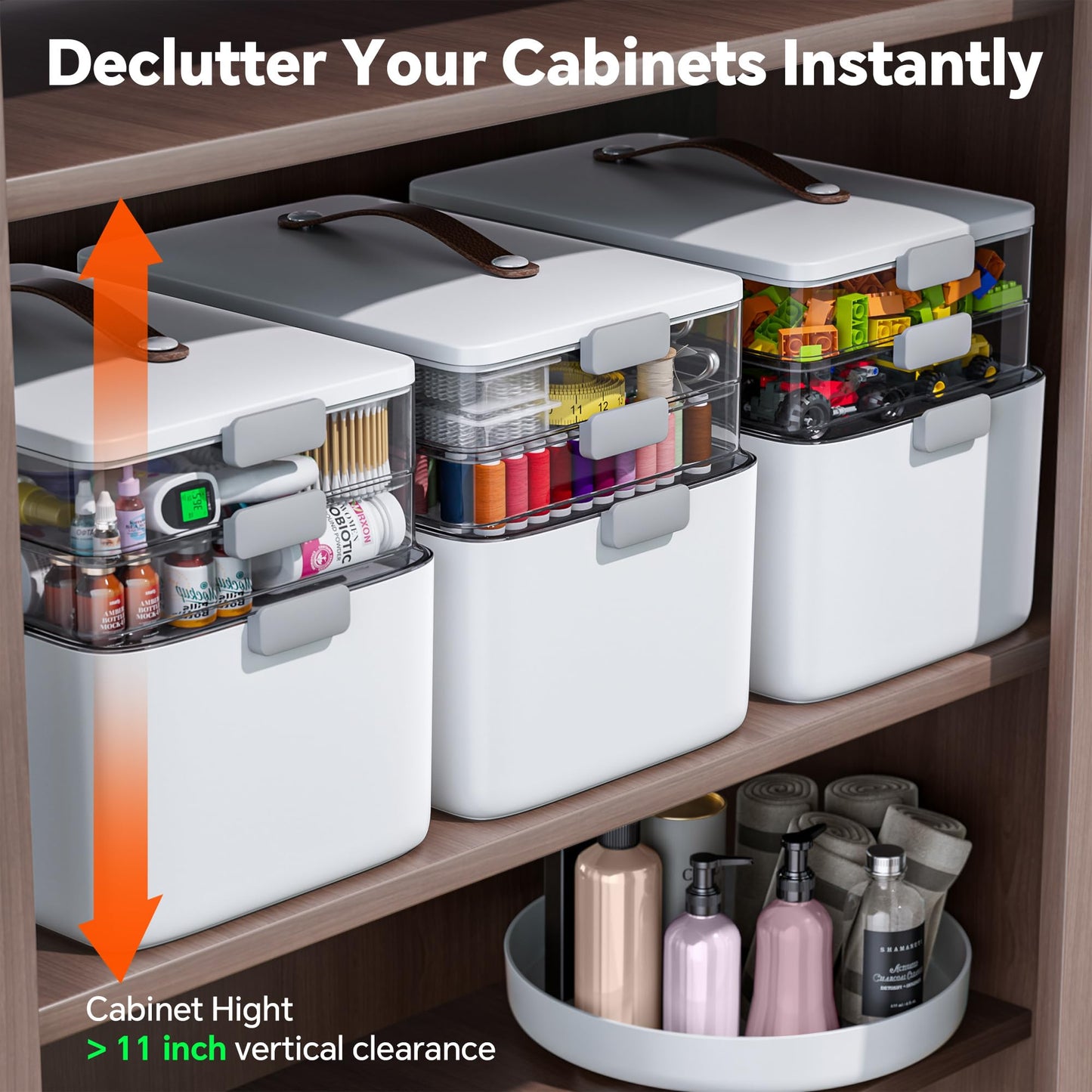 CTIME 3-Tier Medicine Organizer with Pill Case - Portable Pill Case & Empty First Aid Kit for Home, Travel, RV, School, Dorm, Ideal Elderly, Father Gift