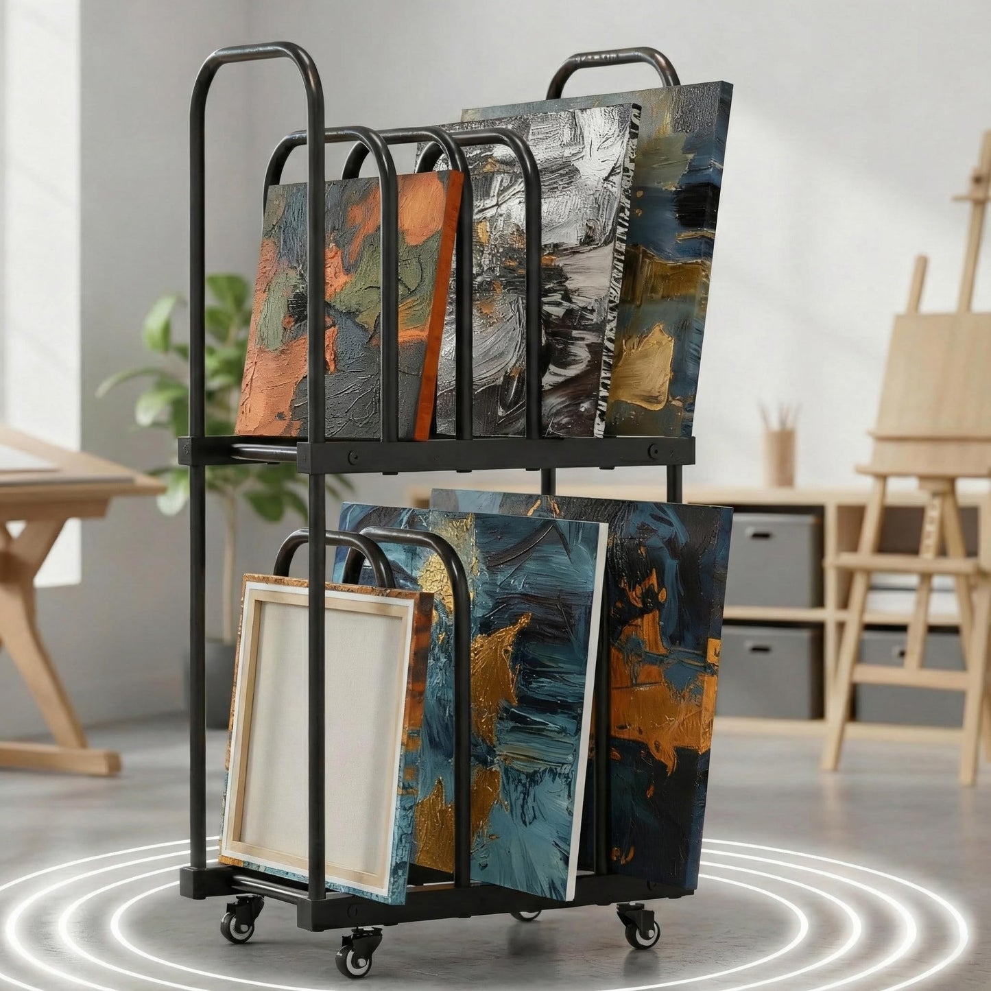 BERPET Art Storage Rack with Wheels, Double-Tier Adjustable Metal Drying & Display Stand for Canvas, Boards, Prints, and Artwork – Heavy-Duty Mobile Organizer for Studio, Classroom
