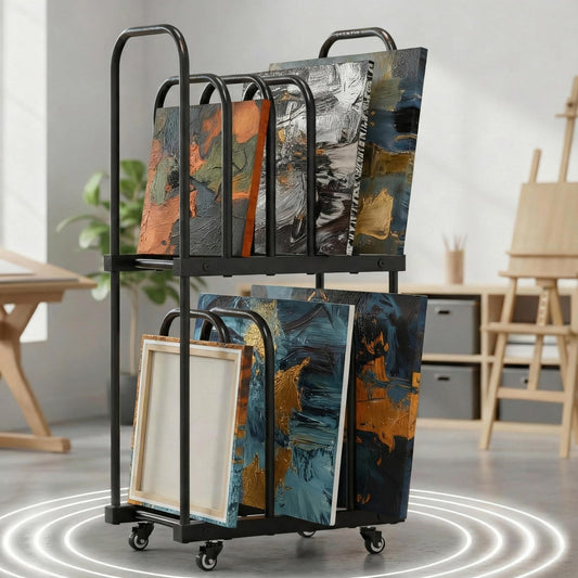 BERPET Art Storage Rack with Wheels, Double-Tier Adjustable Metal Drying & Display Stand for Canvas, Boards, Prints, and Artwork – Heavy-Duty Mobile Organizer for Studio, Classroom