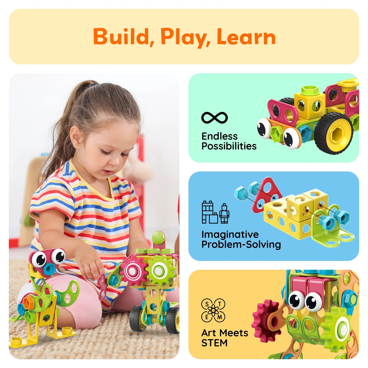 PicassoTiles STEM Learning Toys 250 Piece Building Block Kids Construction Engineering Kit Toy Blocks Children Early Education Playset w/Free IdeaBook, Power Drill, Clickable Ratchet, Age 3+ PTN250
