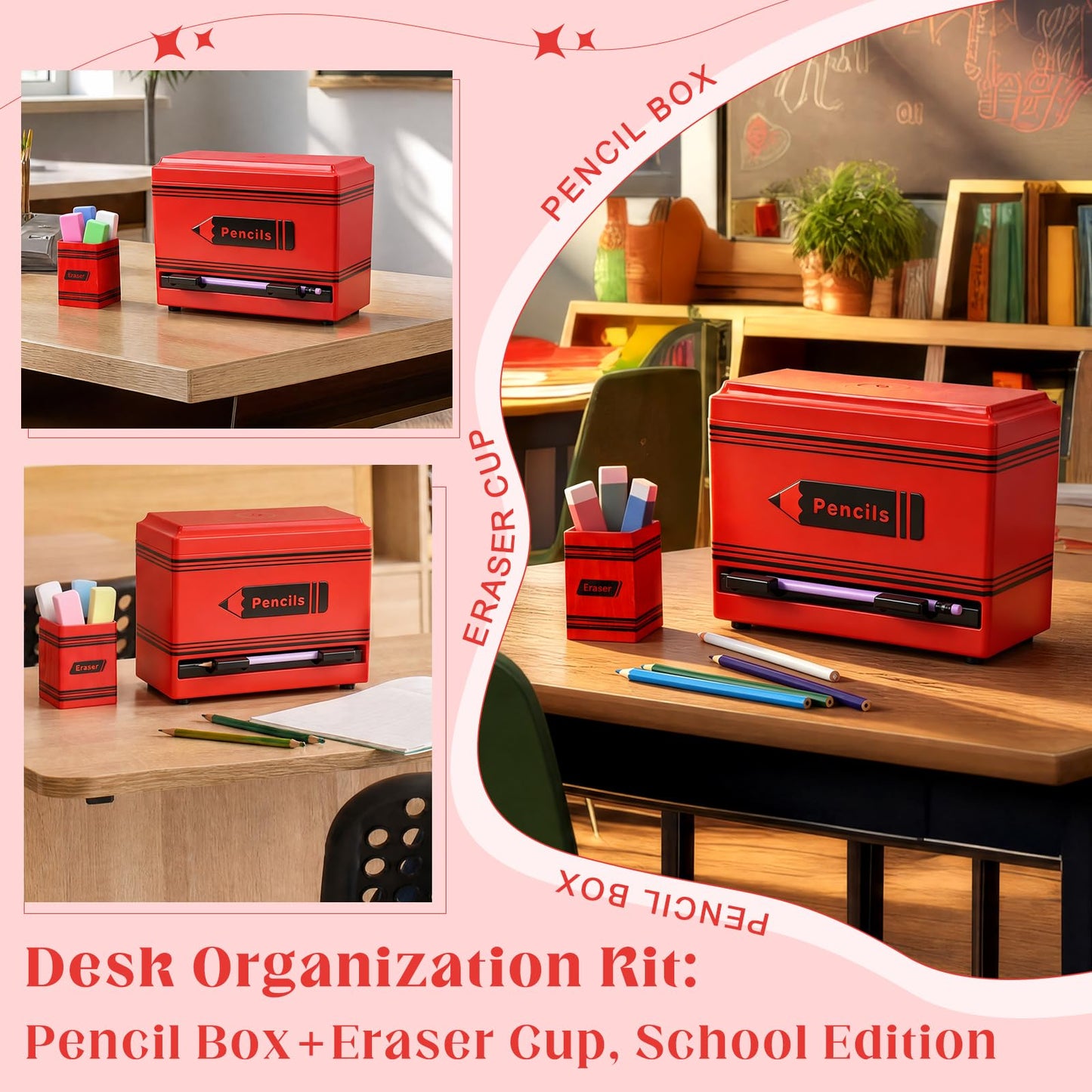 Gueevin 2pcs Pencil Dispenser for Classroom, Fun Desk Organizer with Eraser Holder, Interactive Pencil Storage for Teachers, Students & Homeschool Desk Organizer, Back to School Supplies(Red)