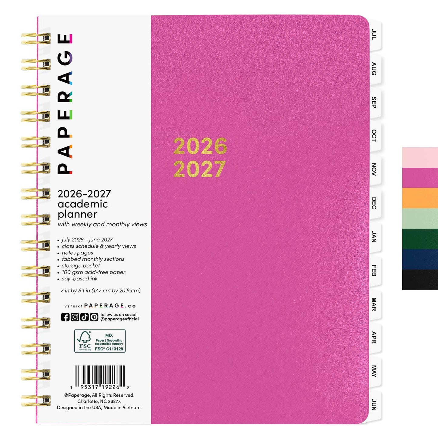 PAPERAGE Academic Planner, Weekly & Monthly Planner & Calendar, 12-Months, July 2026 - June 2027, (7" x 8"), School & Student Planning Agenda with Tabs, Bonus Pages & Inner Pocket, Raspberry