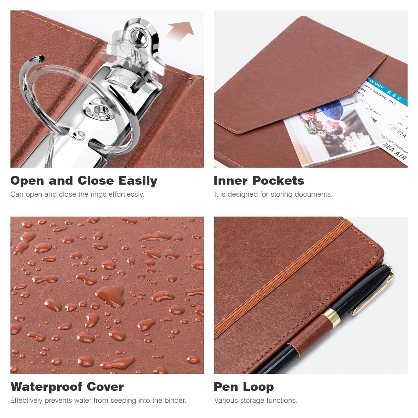 Ospelelf 3 Ring Binder with Clipboard, 1 Inch Leather, Brown, Letter Size (8.5" x 11"), 5 Tab Dividers