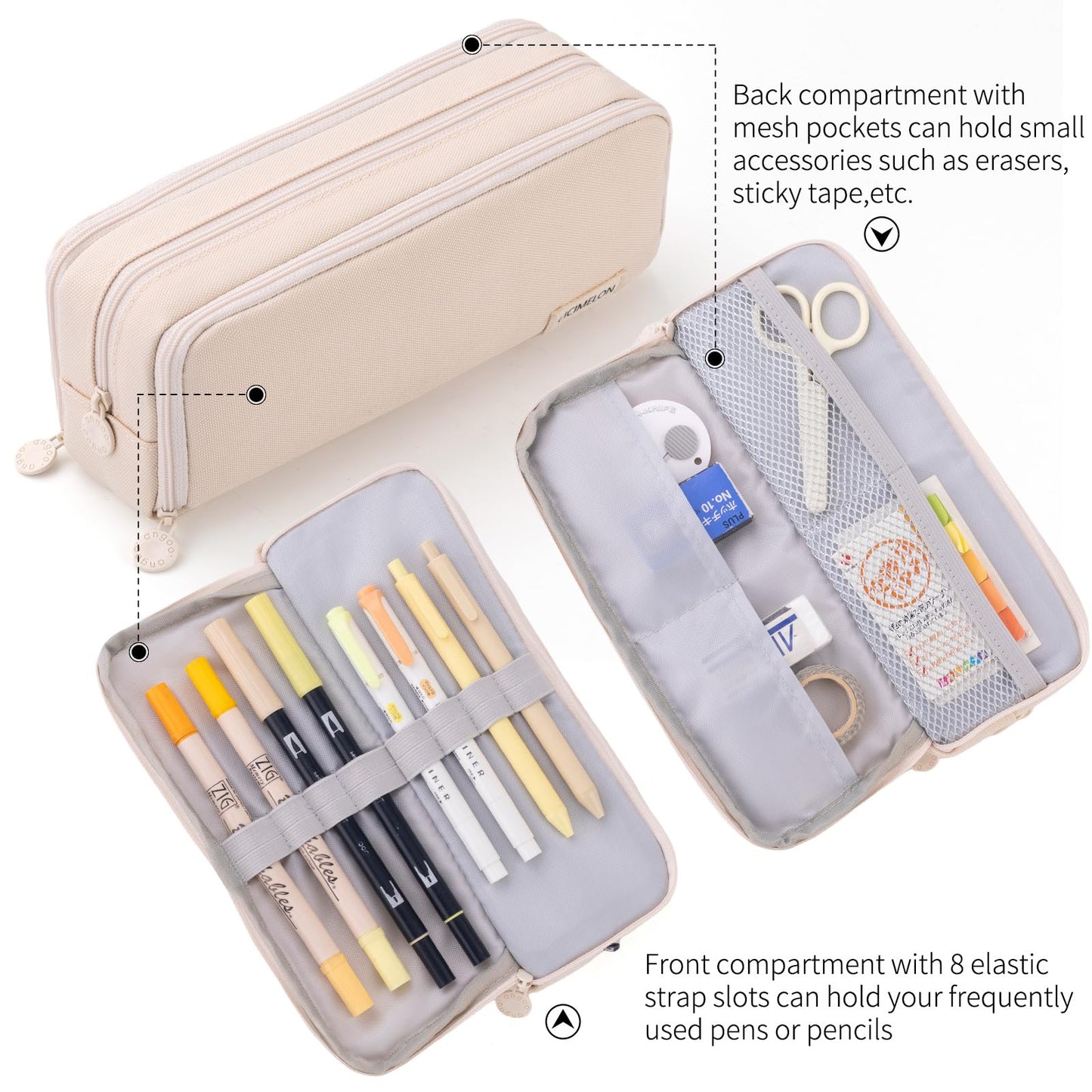CICIMELON Large Capacity Pencil Case 3 Compartment Pouch Pen Bag for School Teen Girl Boy Men Women (Beige)