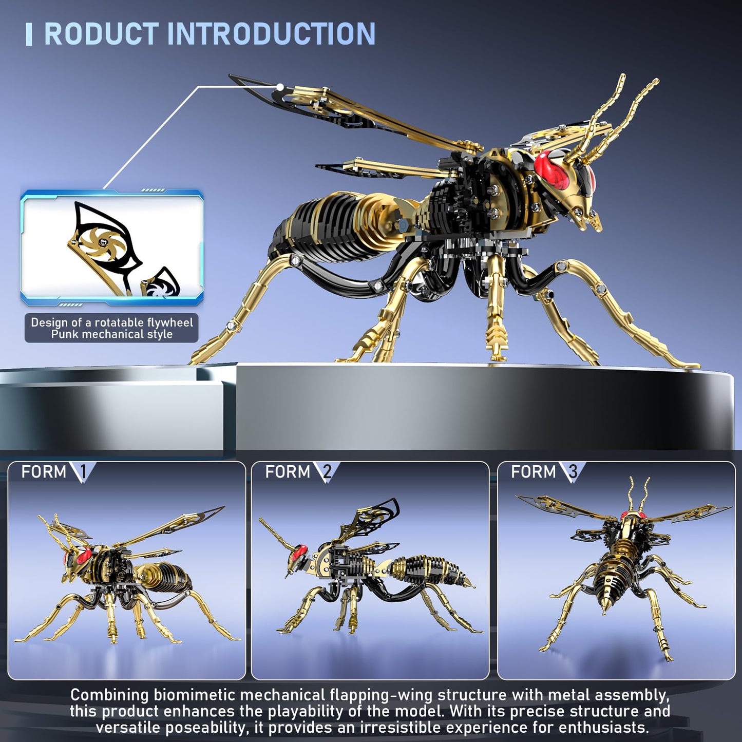 Gold-Plated Metal Bee Model Kit - 3D Stainless Steel Mechanical Insect Puzzle for Adults - Steampunk Bionic Wasp Sculpture - Executive Desktop Art and Stress Relief Gift (Bee-Black-Gold)