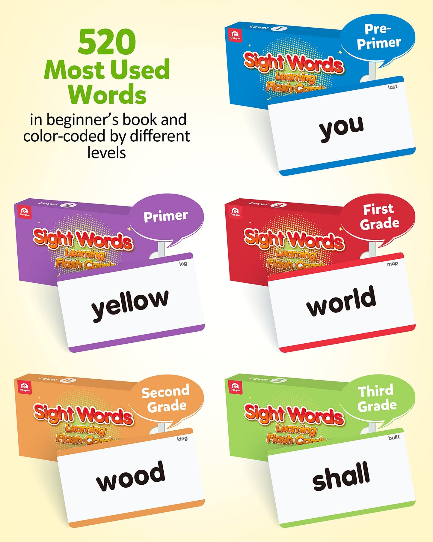 Coogam 520 Sight Words Learning Vocabulary Flash Cards, Dolch Fry High Frequency Sight Word Educational Montessori Toy for Pre-k Kindergarten 1st 2nd 3rd Grade Homeschool