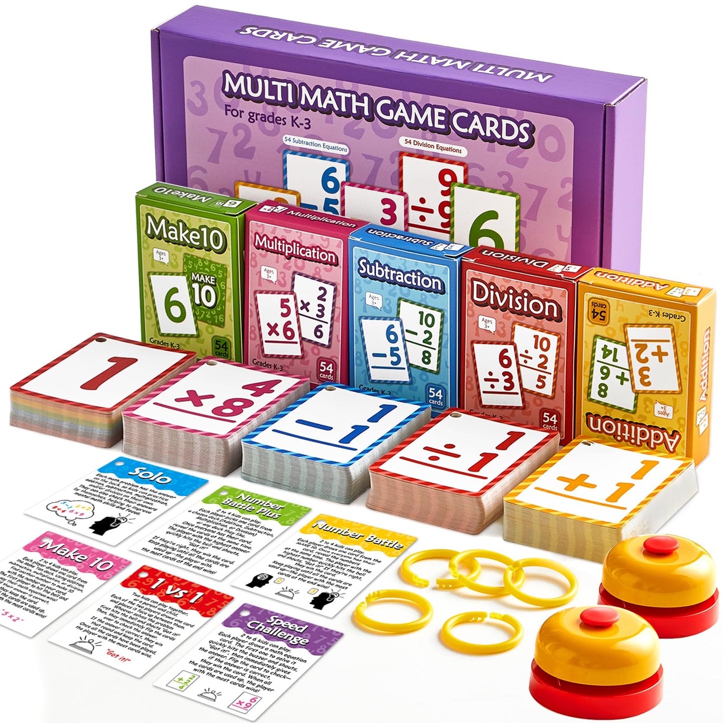 Math Flash Cards Set of 5 Addition Subtraction Division Multiplication Make 10 Games 276 Math Learning Double-Sided Flashcards with 5 Rings 2 Quick Answer Bells for Kids Kindergarten 1st 2nd 3rd Grade