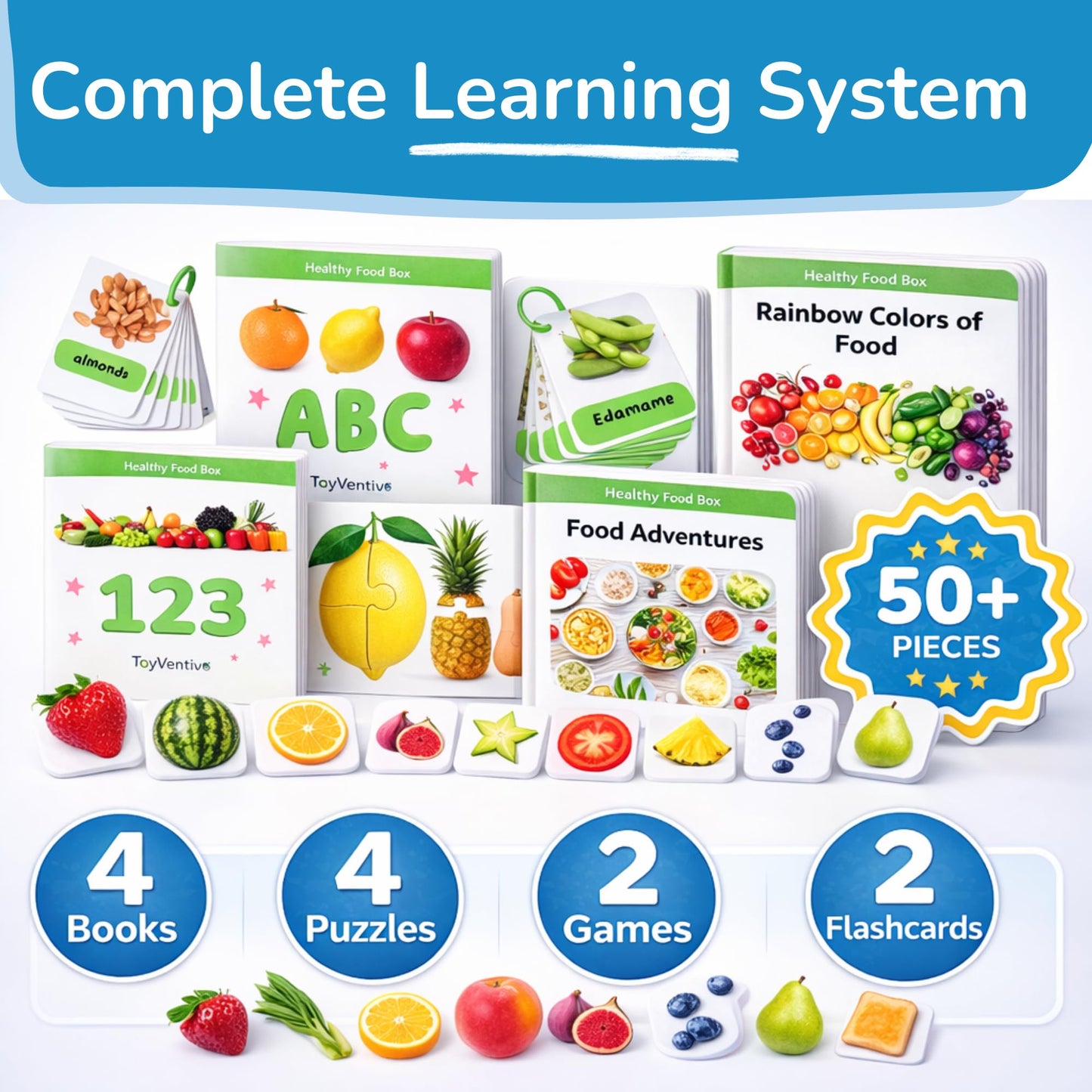 TOYVENTIVE Preschool Learning Activities – Montessori Toddler Toys with Educational Flashcards, Matching Games and Food-Themed Activity Cards for Early Skills, Visual Recognition – Ages 1 & 2