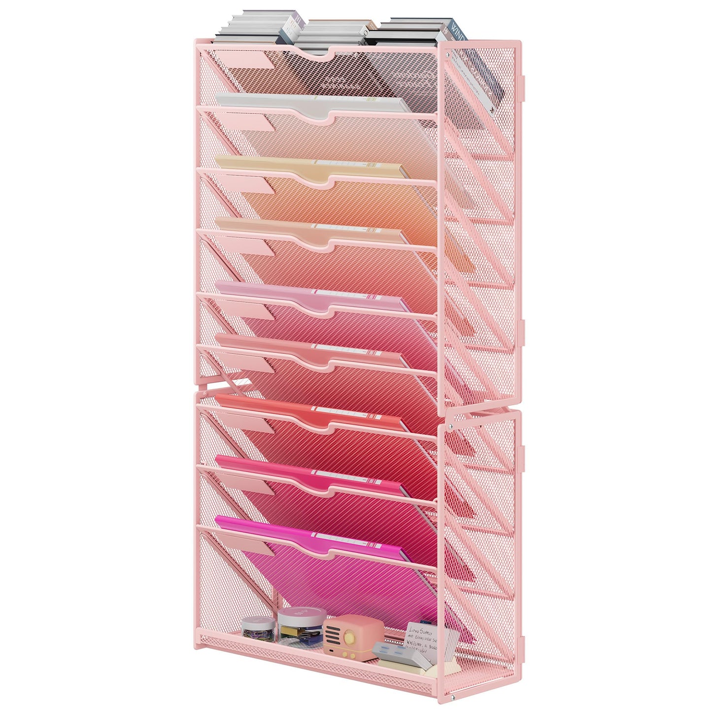 Lavatino 10-Tier Hanging Wall File Folders Organizer - Pink Metal Mesh Paper Magazine Document Mail Holder File Organizer for Office School Home Wall Mount or Desk Supplies Organization