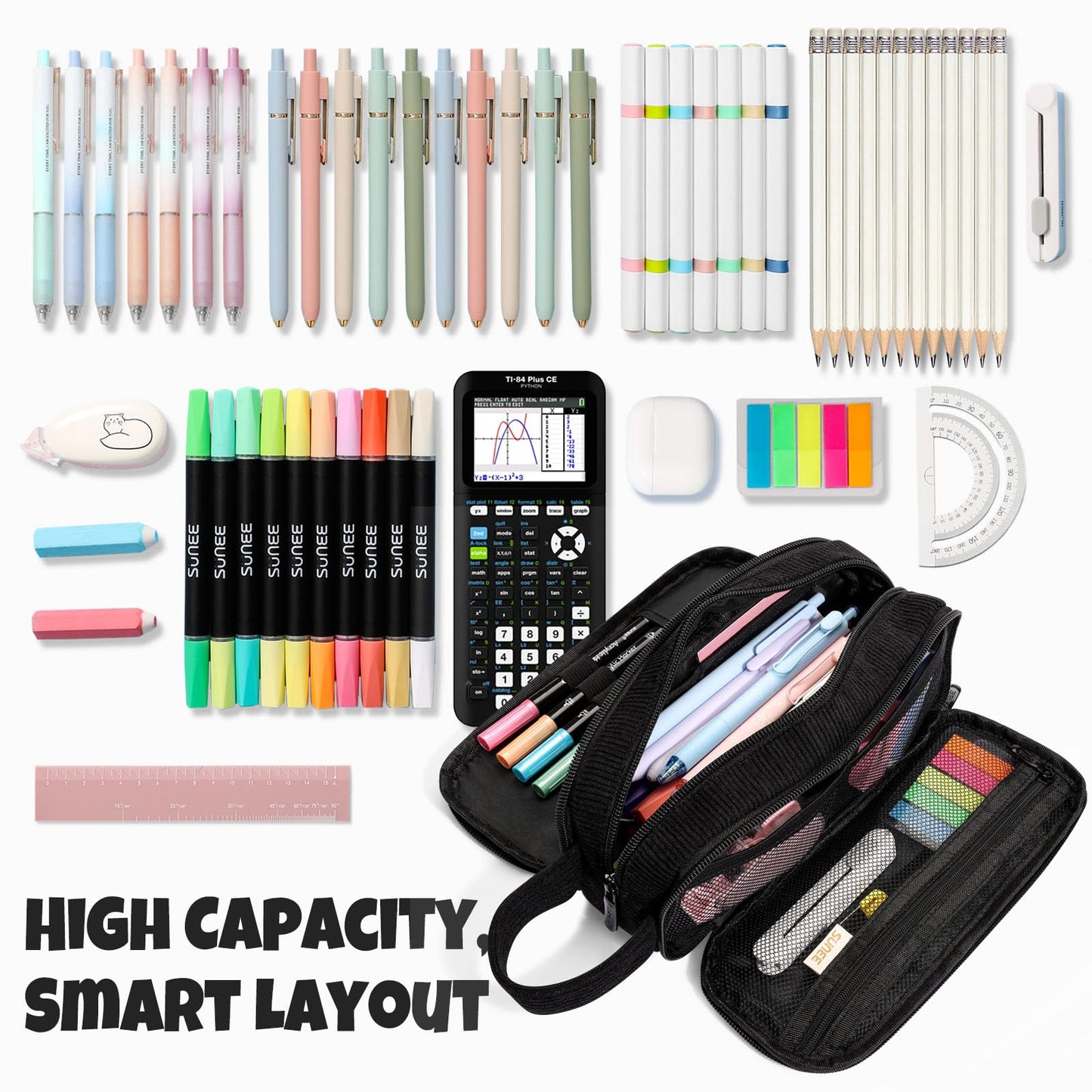 SUNEE Large Capacity Pencil Case with 3 Compartment, Extra Big Pencil Pouch, Pencil Bag with Zipper, Cute Stationery Organizer, Soft Corduroy Pen Box School Supplies for Student Girls Boys, Jet Black