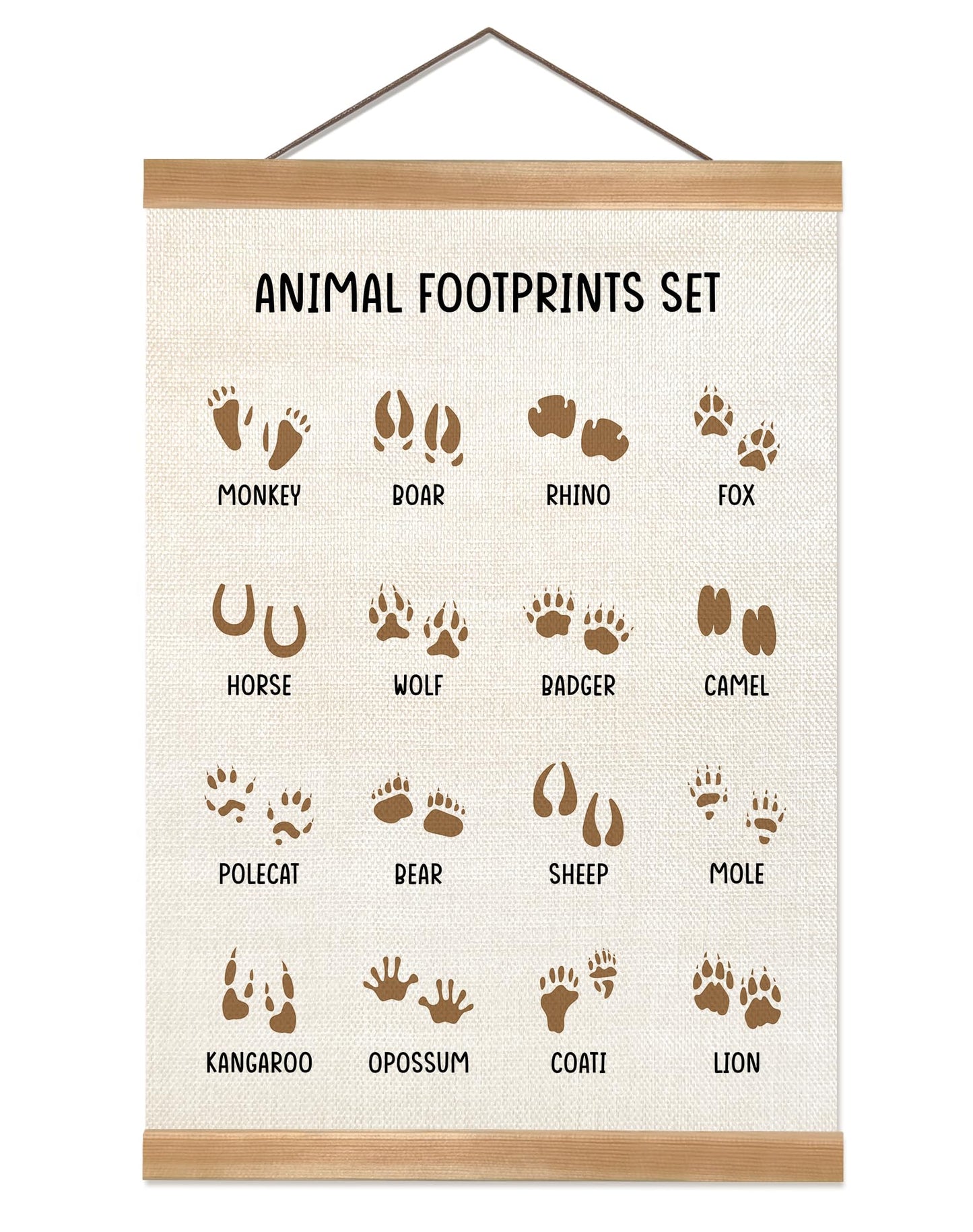 ZTGDA Animal Footprints Wall Art Poster – Animal Footprints Canvas Print with Wood Hanger Frame, Education Learning Poster for Nursery Classroom Playroom Decor 12x16Inch