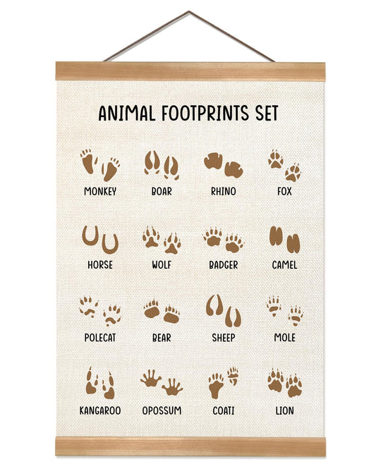 ZTGDA Animal Footprints Wall Art Poster – Animal Footprints Canvas Print with Wood Hanger Frame, Education Learning Poster for Nursery Classroom Playroom Decor 12x16Inch