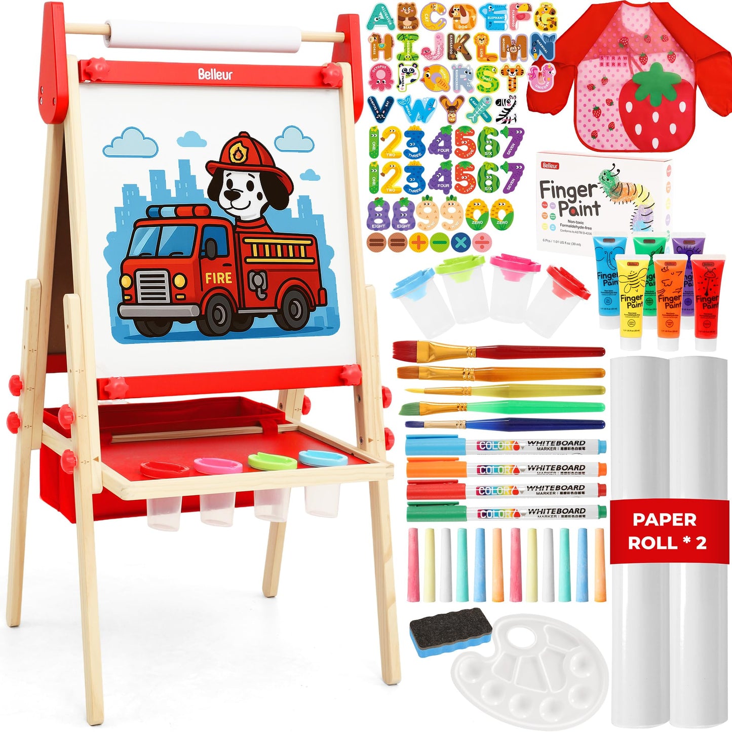 Belleur All-in-One Art Easel for Kids, Adjustable Double Sided Easel for Toddlers with Magnetic Whiteboard & Dry-Erase Chalk Board & Paper Roll, Child Painting Easel for Kid 2-8 Birthday Gift - Red